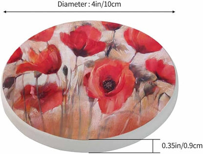 Poppy Flowers Cup Coasters Set of 2 Watercolor Oil Painting Style Beautiful Blossom Wooden Table Apartment Decor 100% Diatomite for Drinking Glasses,4 Inches