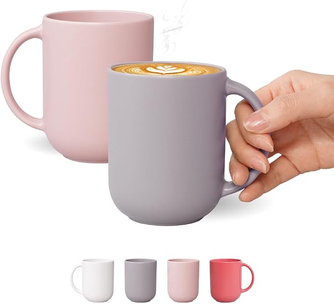 12 oz Ceramic Coffee Mug, Matte Pink White Gray Coffee Mug by BOWLBOWL