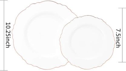 WDF 60pcs Rose Gold Plastic Plates-Baroque White &Rose Gold Disposable Plates including 30Plastic Dinner Plates 10.25inch, 30 Salad Plates 7.5inch for Wedding, Parties, Valentines Day
