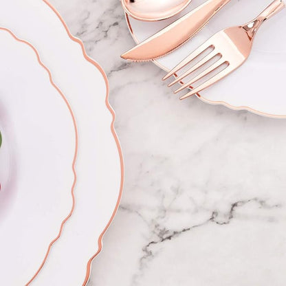 WDF 60pcs Rose Gold Plastic Plates-Baroque White &Rose Gold Disposable Plates including 30Plastic Dinner Plates 10.25inch, 30 Salad Plates 7.5inch for Wedding, Parties, Valentines Day