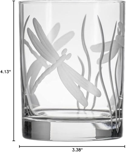 Rolf Glass Dragonfly Double Old Fashioned Glass | 13oz Whiskey Glass | Set of 4 | Lead-Free Etched Glassware | Proudly Made in the USA