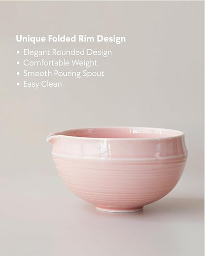 Matcha Set, 5 Pcs Matcha Whisk Set – Elegant Rounded Design Bowl with Folded Rim, Glossy Pink Glaze, Comfortable to Use, Gift Box Included (Glossy Pink)
