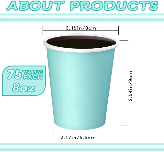 75 Pack 8 oz Disposable Paper Cups, Paper Coffee Cups- Blue | Hot Coffee Cups - Image 2