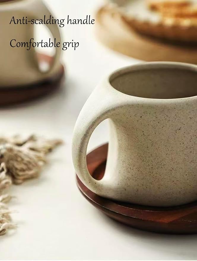 6 oz Clay Cup and Wood Saucer Set of 1, Ceramic Coffee Latte Art Mug - Image 5