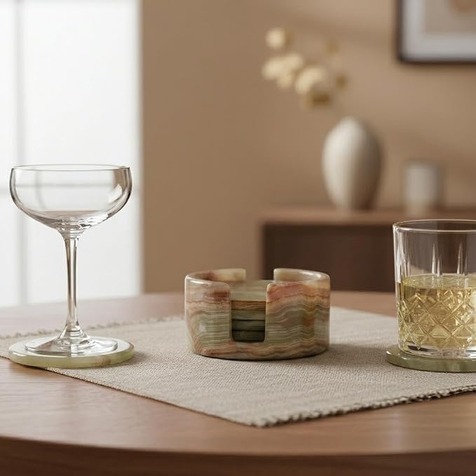 Marble Coasters Set of 6 Green 3.5 Inch Round Stone Coaster - Image 3