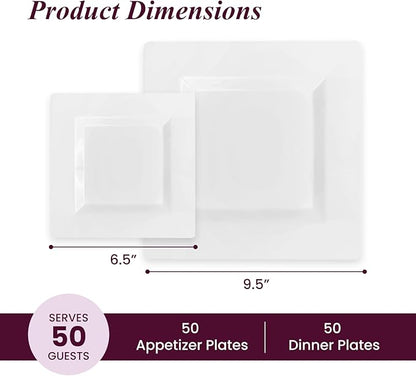Aya's 100ct Square Plastic Disposable Plates, White - 9.5-Inch 50 Dinner and 6.5-Inch 50 Salad Plates for Party - Heavy-Duty Hard Plastic Design for Wedding, Event, Christmas, and Thanksgiving
