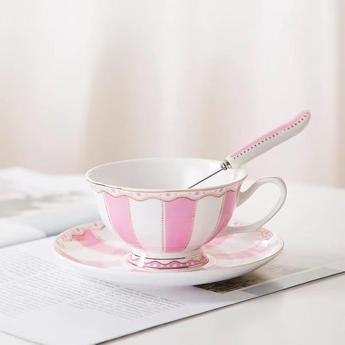 Bone China Pink Tea Cup with Saucer Spoon 3 Piece Set（7oz） Cappuccino Cups - Image 2