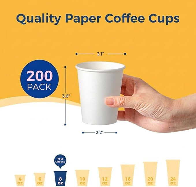 Fit Meal Prep 100 Pack 8 oz Disposable Paper Coffee Cups, Premium White Hot Cups - Image 2