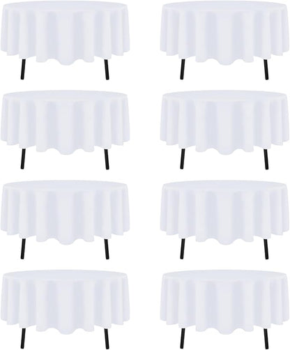 8 Pack White Round Tablecloth 60 Inch White Table Cloth (Fits 20-48 Inch Tables) Stain and Wrinkle Resistant Reusable and Washable Polyester Fabric for Buffet Wedding Party and Banquet