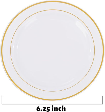 bUCLA 200PCS Gold Plastic Plates - 6.25inch White with Gold Trim Disposable Salad/Dessert/Appetizer/Small Cake Plates, Ideal for Wedding & Party