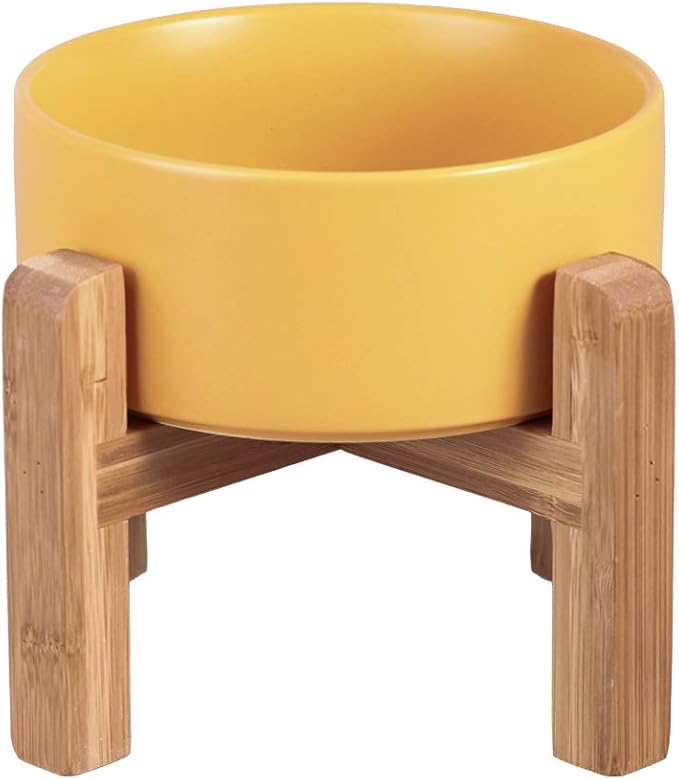 Ceramic Elevated Raised Cat Bowl with Wood Stand No Spill Pet Food Water Feeder Cats Small Dogs