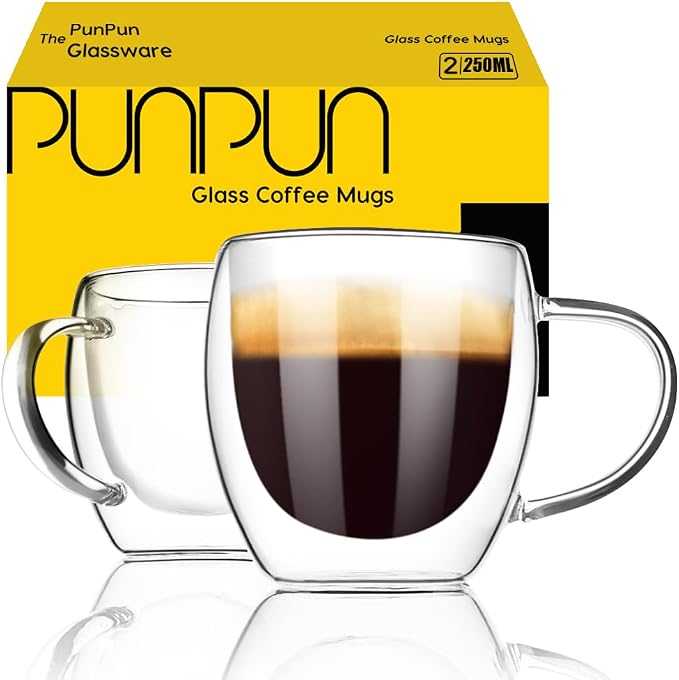 PunPun 8.5oz/250ml Espresso Cups, Double Wall Insulated Glass Cups by PunPun