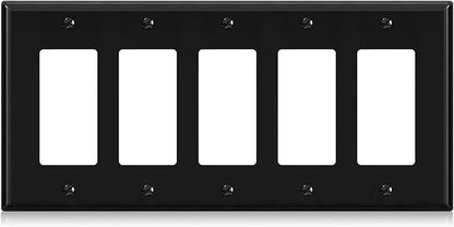 ELEGRP 5-Gang Decorative Wall Plates, Standard Size 4.52" H x 10.03" L Unbreakable Thermoplastic Faceplate Cover for Decorator Receptacle Outlet Switch, UL Listed (1 Pack, Glossy Black)