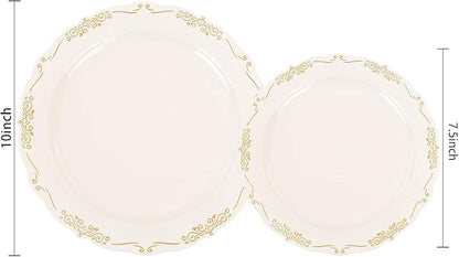 U-QE 100 PCS Ivory Plastic Plates with Gold Rim - Gold Plastic Plates for Party - Heavy Duty Plastic Plates Disposable Use Including 50 Dinner Plates 10 '' & 50 Dessert Plates 7.5 ''