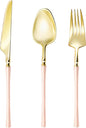 Lullaby 90pcs Gold Plastic Silverware, High End Disposable Cutlery with Pink Handle Include 30 Forks, 30 Spoons, 30 Knives, Elegant Disposable Silverware for Wedding, Party, Gathering and Daily Use