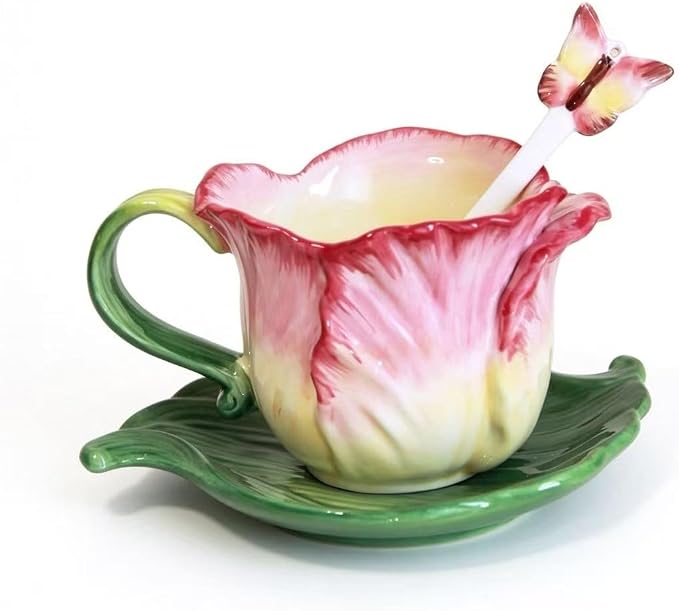 Ceramic Tea Cup and Saucer Set ，6OZ 3D Hand-Painted Flower Coffee Mug，Gift by Minigift