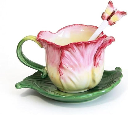 Ceramic Tea Cup and Saucer Set ，6OZ 3D Hand-Painted Flower Coffee Mug，Gift by Minigift