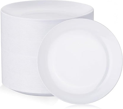 Nervure 100Pcs White Plastic Plates - 10.25inch Disposable White Dinner Plates - Heavy Duty Plastic Plate Ideal for Wedding & Party