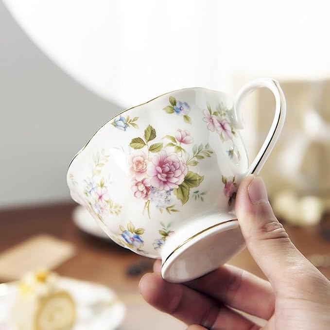 8 oz Vintage flower Ceramic cup and 6" saucer set - Image 3