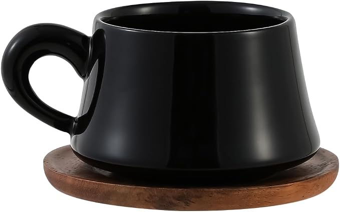 Black Cappuccino Mug and Wood Saucer - 7 oz Ceramic Coffee Cup by Unknown