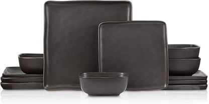 Stone Lain Jonny Stoneware 12 Piece Dinnerware Set, Home Kitchen Modern Square Dish Set with Dinner Plates, Salad Plates, & Bowls, Brown