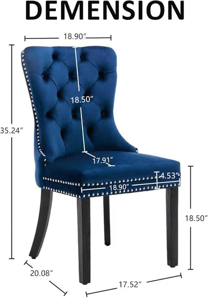 KCC Velvet Dining Chairs Set of 6, Upholstered High-end Tufted Dining Room Chair with Nailhead Back Ring Pull Trim Solid Wood Legs, Nikki Collection Modern Style for Kitchen, Blue