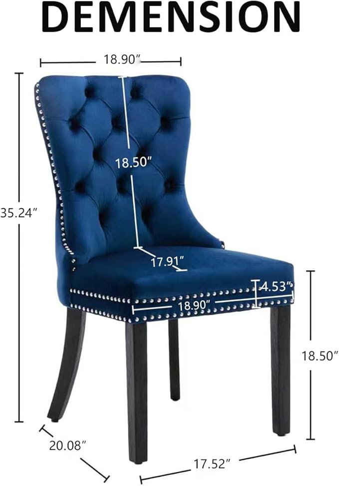 KCC Velvet Dining Chairs Set of 2, Upholstered High-end Tufted Dining Room Chair with Nailhead Back Ring Pull Trim Solid Wood Legs, Nikki Collection Modern Style for Kitchen, Blue