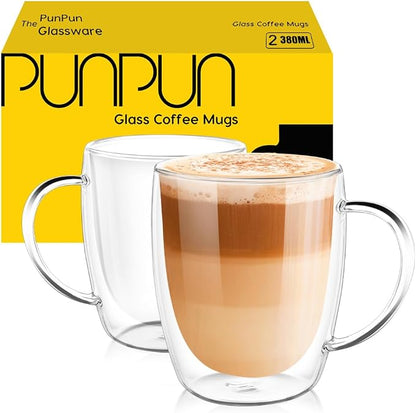 PunPun Coffee Cups Clear12.9OZ. 380ml Coffee Mugs, Espresso Cups, Double Wall by PunPun