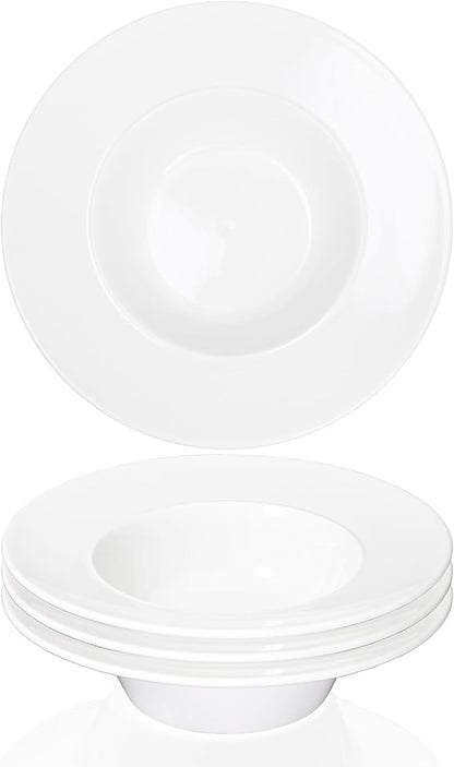Soup Bowl Soup Plates with Rim 12 oz, Pasta Bowl Set of 4, White Shallow Bowl Plate, Ceramic Wide Rimmed Soup Bowl, Best choice for high-end restaurants, hotels, and foodies, 9 Inch