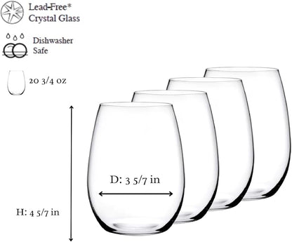 NUDE Pure Set of 4, Bordeaux Wine Stemless Glasses 20.75 oz, |Smooth Rim|, Clear Glass Wine Tumbler, Ideal for Cocktails & Perfect for Homes & Bars
