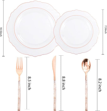 Liacere 150PCS Rose Gold Plastic Plates - Clear Rose Gold Disposable Plates with Glitter Bamboo Handle Cutlery - 60 Baroque Elegant Plates, 30 Forks, 30 Spoons, 30 Knives for Wedding＆Valentine's Day