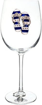 THE QUEENS' JEWELS Blue and White Flip Flop Jeweled Stemmed Wine Glass, 21 oz. - Unique Gift for Women, Birthday, Cute, Fun, Not Painted, Decorated, Bling, Bedazzled, Rhinestone