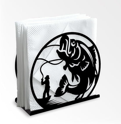 Fishing Decorative Black Metal Napkin Holder for Table, 5.3" x 4.9" x 1.9" Fisherman Fish Standing Napkin Holder for Home Kitchen Restaurant Picnic Party Coffee Bar Dining Room