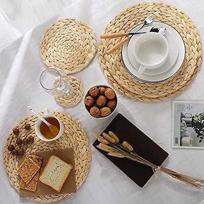 6 Pack 11.8" Woven Placemats, Natural Hand-Woven Water Hyacinth Placemats, Round Braided Rattan Tablemats for Dining Table, Large Weave Round Place Mats Heat Resistant Non-Slip Table Mats, 11.8 Inch