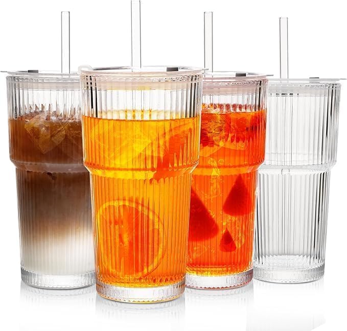 20oz Ribbed Glass Tumbler with Straw & Lid, 4 Pack | Iced Coffee Cups, Glass Mug by Unknown