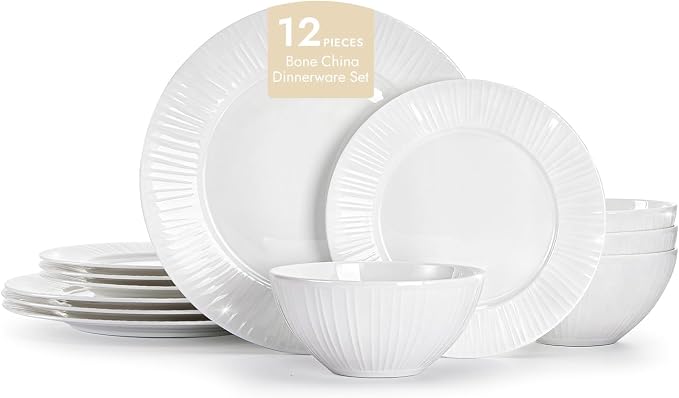 12Pc Textured White Bone China Set Service by KINGSTONE