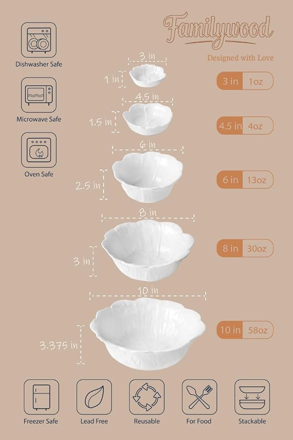 Porcelain Leaf Serving Bowls & Dishes Set – 5 Piece, 1-58 oz White Serving Bowls - Image 6