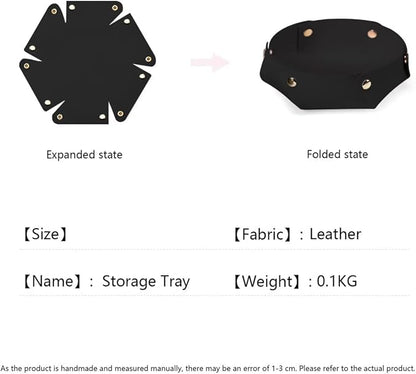 Black leather storage tray, multi-functional clutter organizer with snap fasteners, octagonal key, jewelry and accessory storage bowl, diameter: 4.7 inches, height: 1.7 inches