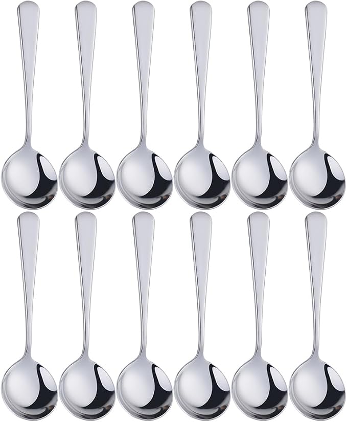 Broth Round Spoon Set, 12 Piece Reusable Stainless Steel Dinner Table Cereal by BISDARUN