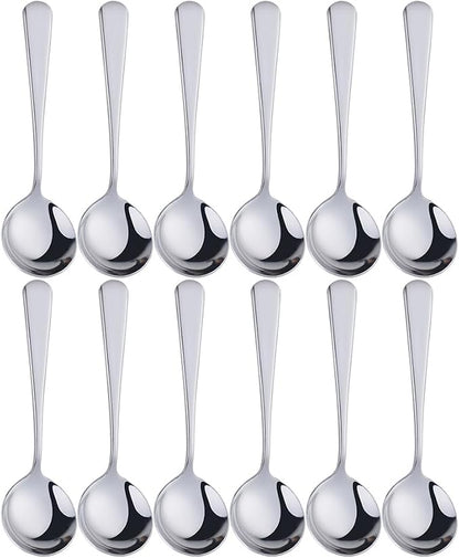 Broth Round Spoon Set, 12 Piece Reusable Stainless Steel Dinner Table Cereal by BISDARUN