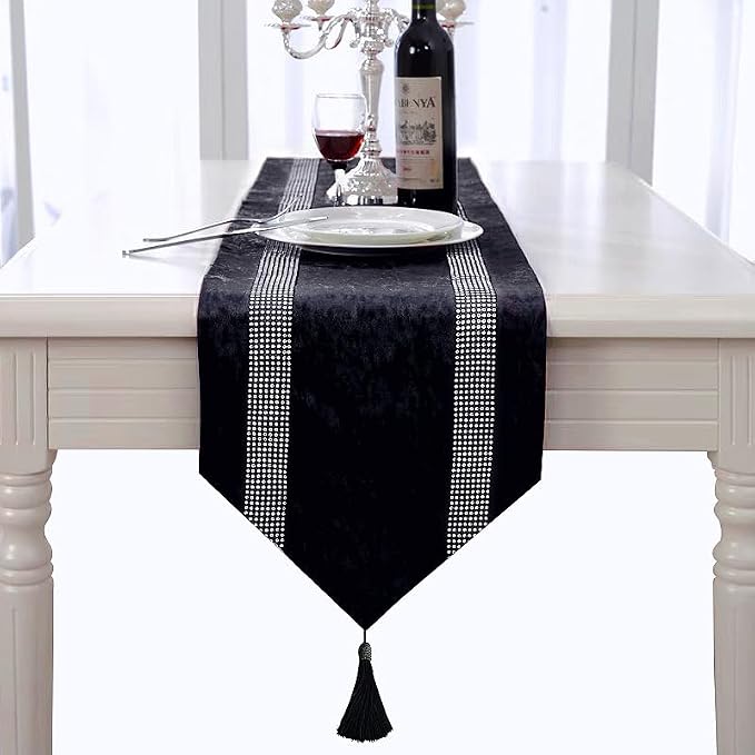 Elegant Sequin Rhinestone Black Table Runner, Ombre Velvet, Modern Style - Image 4