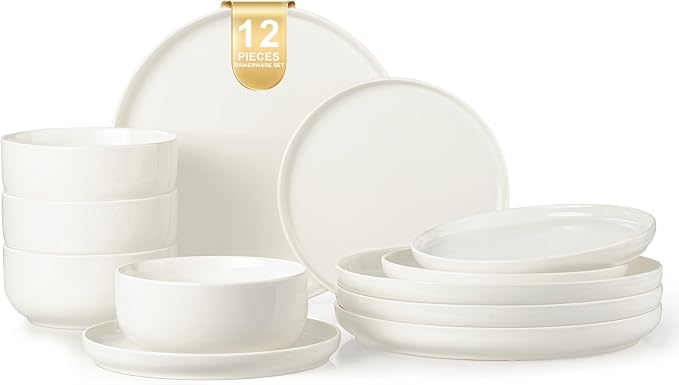 EWFEN Plates and Bowls Sets, 12 Pieces Ceramic Dinnerware Set by EWFEN