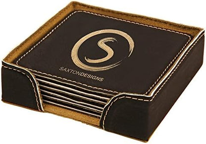 Custom Engraved Coasters | Personalized Leather Coaster | Set of 6 | Drink Coasters with Holder | Laser Engraved | Tabletop Protection | Gift for Couples (Square 4" x 4", Black w/Gold)
