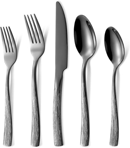 Black Hammered Silverware Set, Heavy Duty Flatware Set, 18/0 Stainless Steel by MetalServingUtensils