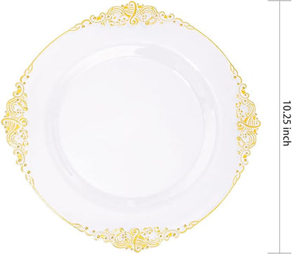 Morejoy 100 Pieces Gold Plastic Plates - Clear Gold Disposable Plates - 10.25inch Clear Plastic Dinner Plates With Gold Rim for Weddings & Parties & Shower