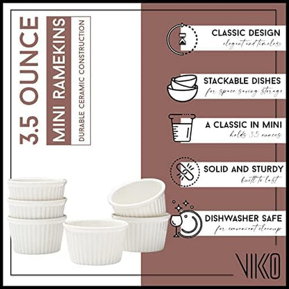 Vikko White Ramekin, Set of 12 Fine Porcelain Ramekins, Stackable 3 Inch Bowls, 3.5 Ounce Dips Dish, Dishwasher Safe