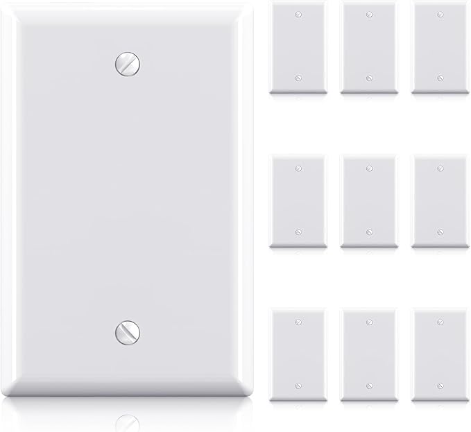 ELEGRP 1-Gang Blank Device Wall Plates, Mid-Size 4.88" H x 3.13" L Unbreakable Thermoplastic Blank Faceplate Cover for Unused Outlets/Switches, UL Listed (10 Pack, Glossy White)