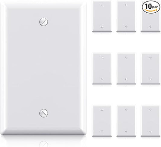 ELEGRP 1-Gang Blank Device Wall Plates, Mid-Size 4.88" H x 3.13" L Unbreakable Thermoplastic Blank Faceplate Cover for Unused Outlets/Switches, UL Listed (10 Pack, Glossy White)