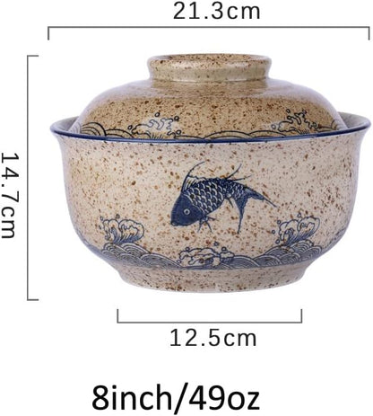 8 inch Retro Ceramic Ramen Bowl with Lid,Japanese Style Personalized Dinnerware For Noodle Rice Porridge Soup Fruit Salad (8inch, A)