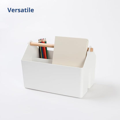 BLUE GINKGO Medium Storage Basket – Plastic Caddy with Wooden Handle for Office, Arts & Crafts, or Home Supplies (White)